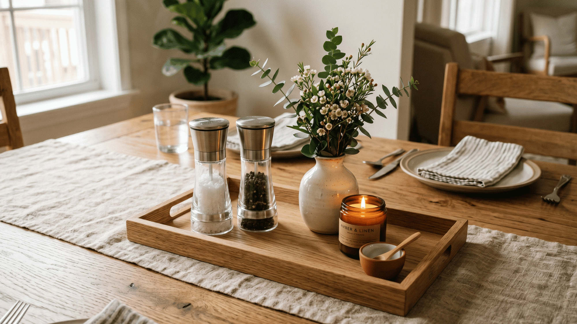 functional tray with essentials styled as a practical dining table centerpiece