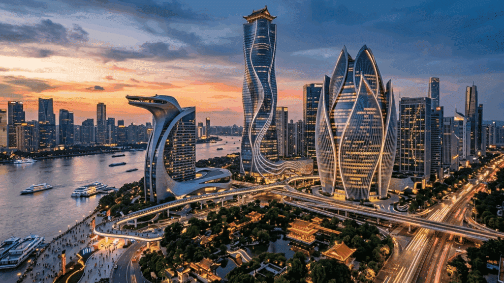 futuristic Chinese skyline with curved skyscrapers and innovative urban architecture design.