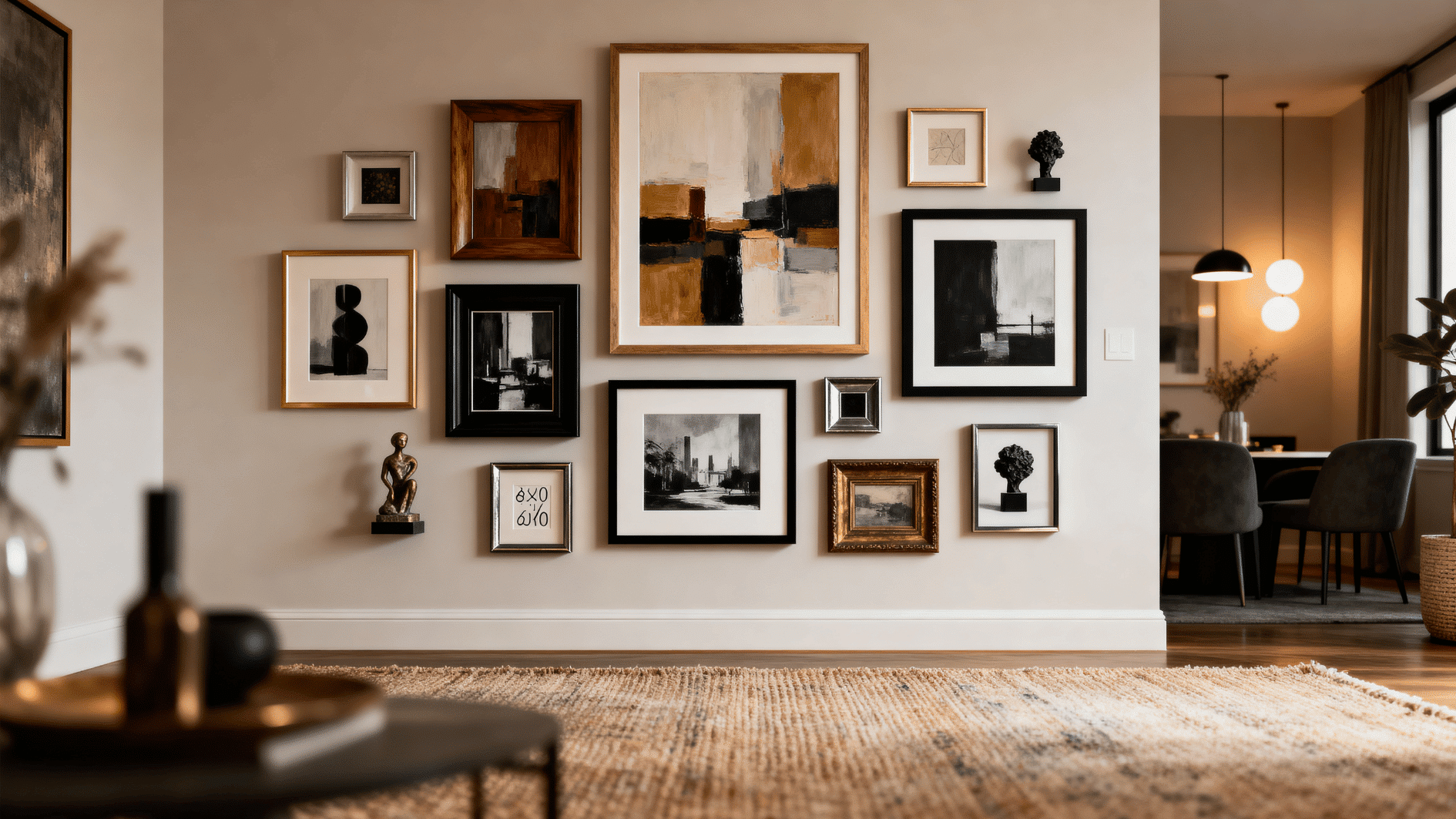 gallery wall interior with mixed artwork, varied frames and sizes, curated wall display, stylish home decor