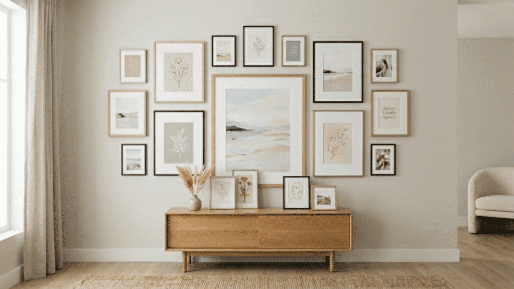 gallery wall with different frame sizes arranged in a balanced layout on a clean neutral wall