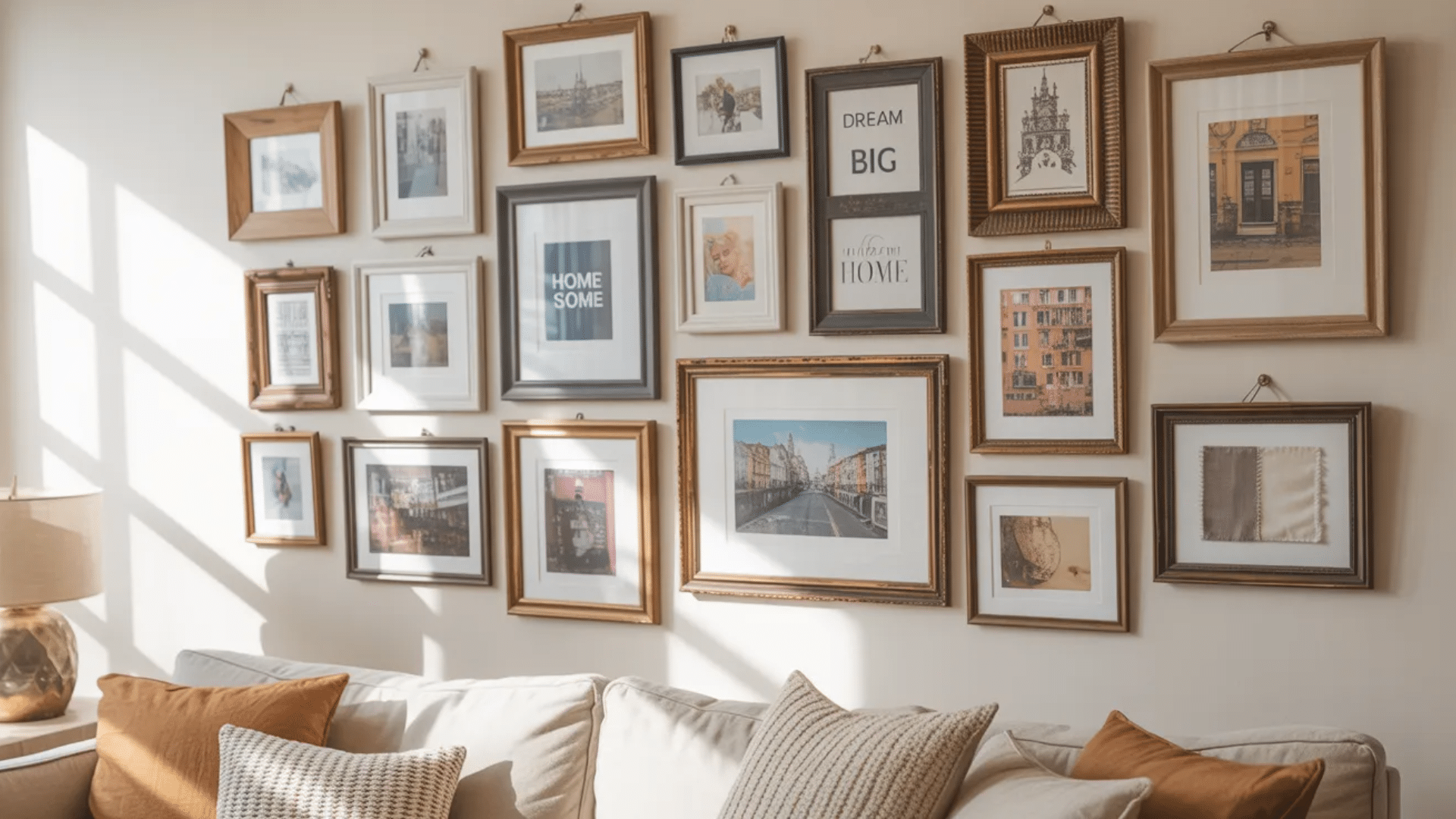 gallery wall with mixed framed art photos and quotes arranged above a sofa with pillows in a bright cozy living room