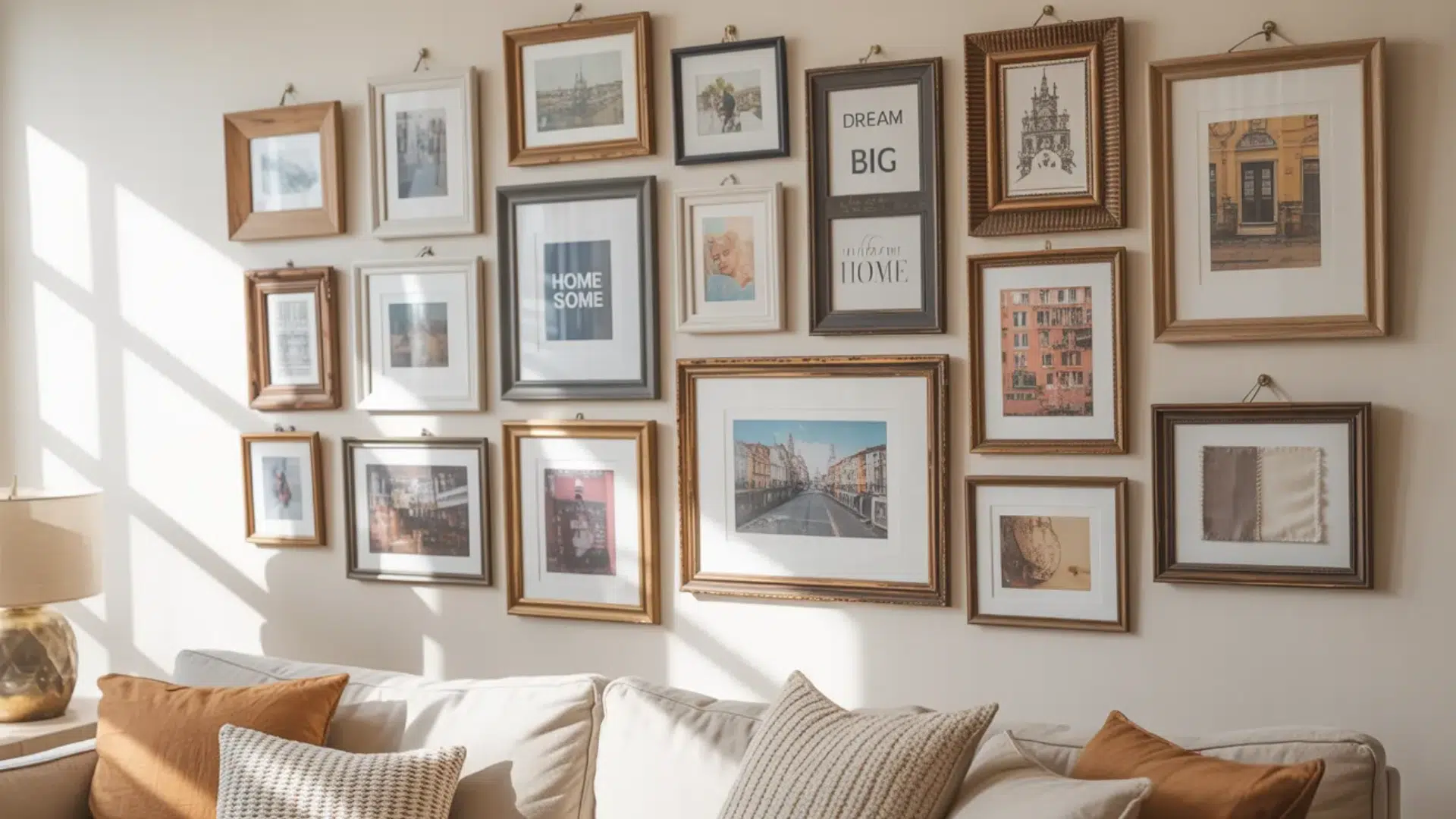 gallery wall with mixed framed art photos and quotes arranged above a sofa with pillows in a bright cozy living room