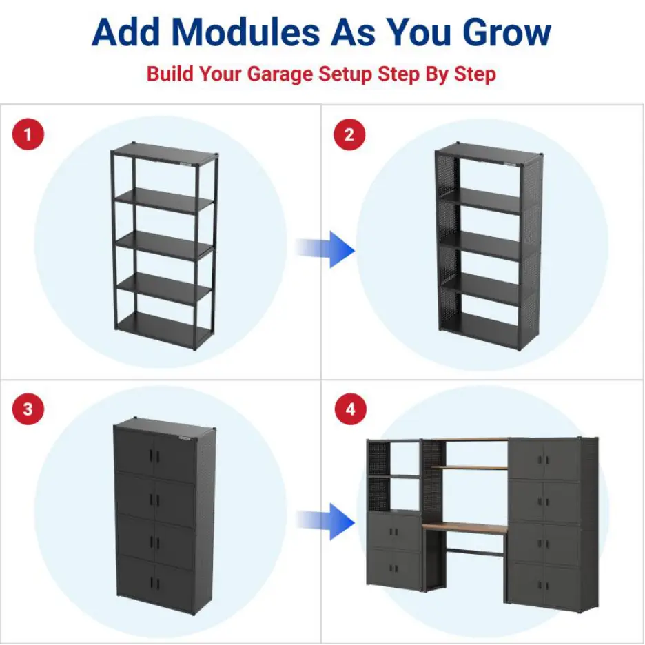 Sequential steps for assembling dark gray modular garage shelves and cabinets