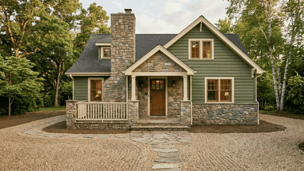garden cottage with moss green siding stone accents wood door ivy plants warm sunlight garden landscape