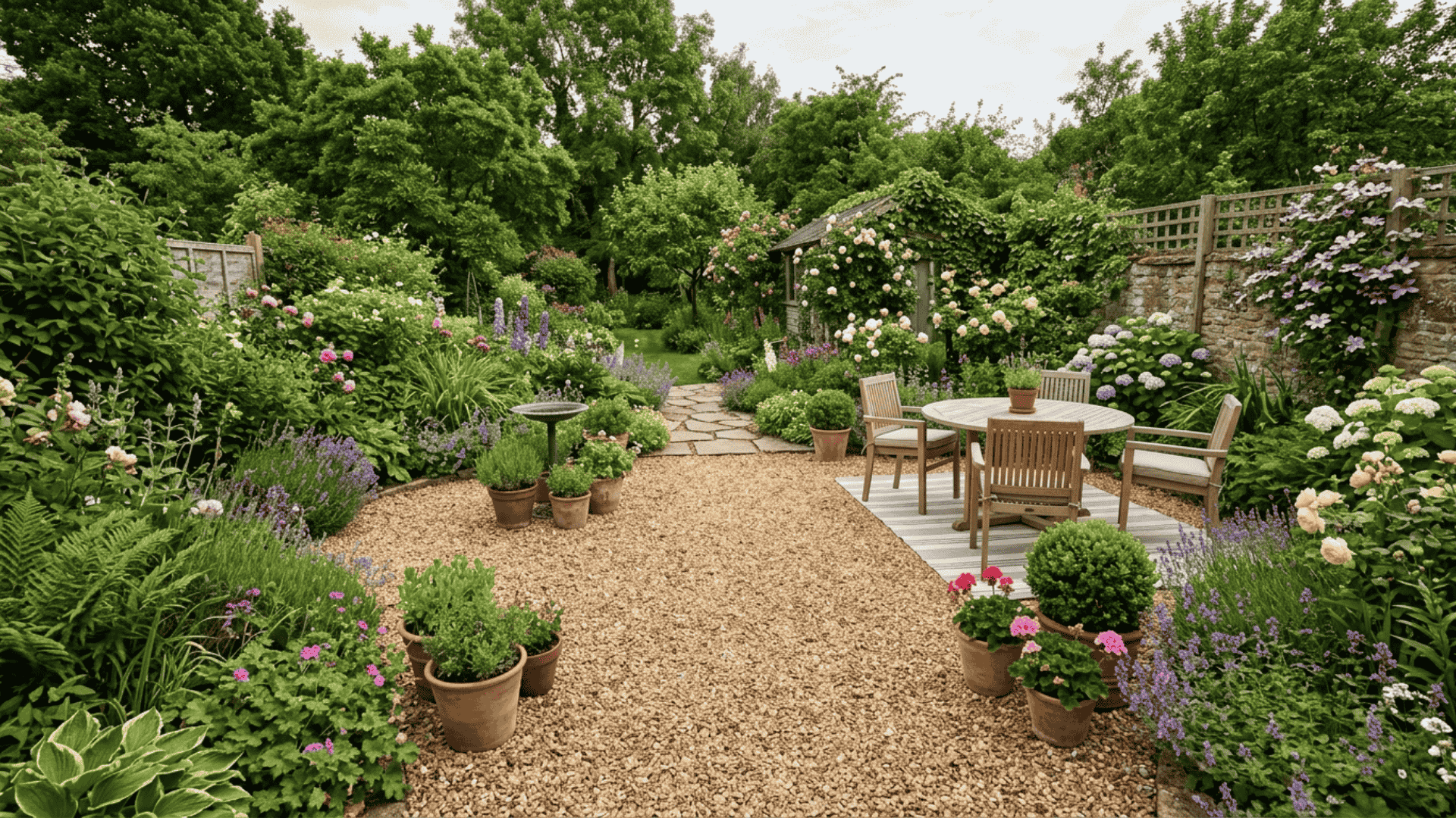 garden focused gravel patio space with planting beds along outer edges and crushed gravel filling the central area