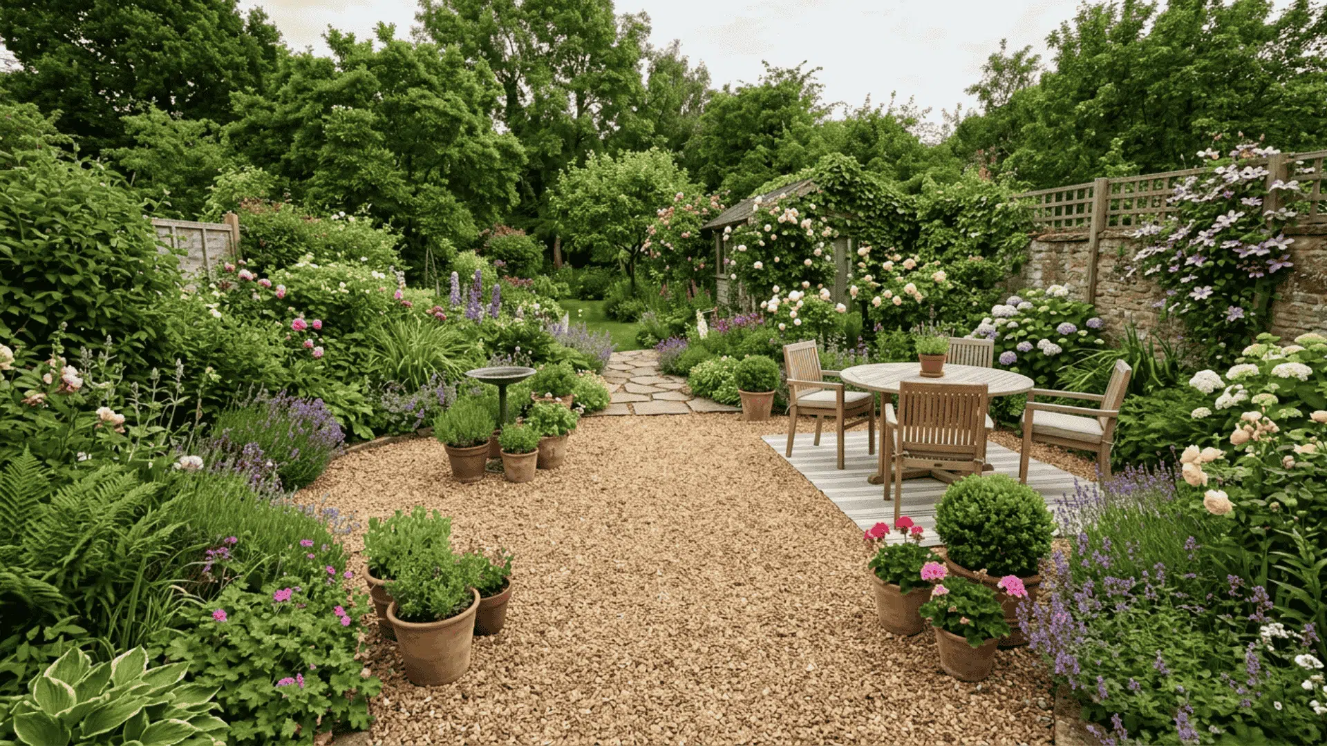 garden focused gravel patio space with planting beds along outer edges and crushed gravel filling the central area