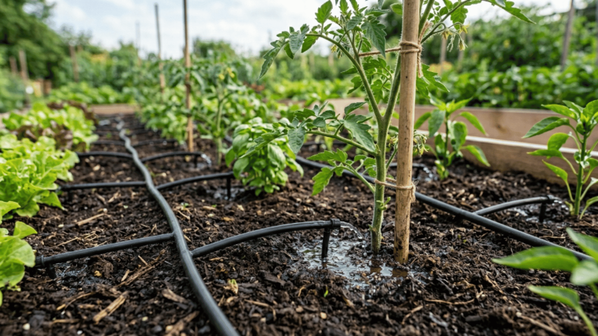garden plants with drip irrigation tubes slowly delivering water directly to roots outdoors
