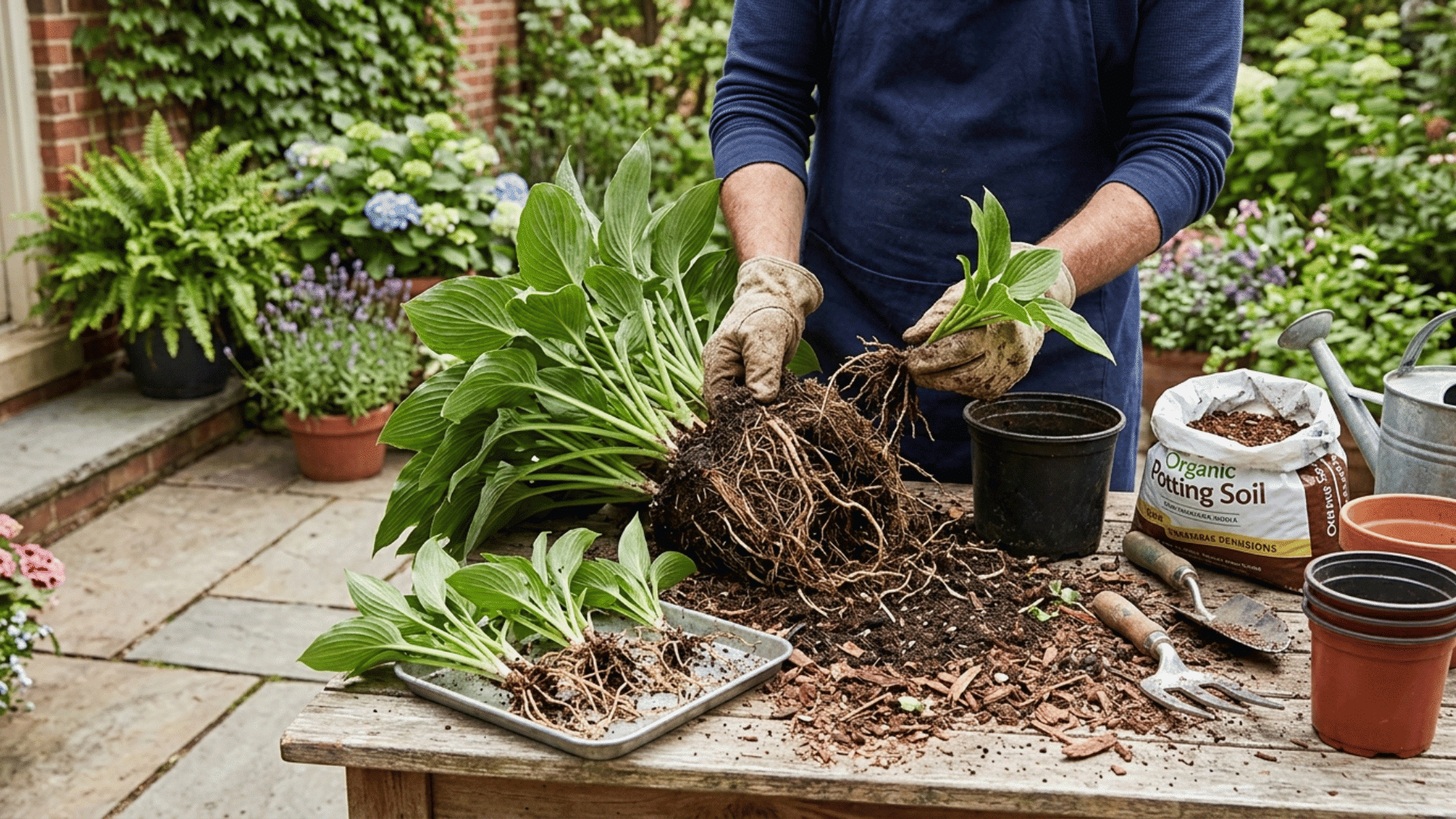 gardener dividing a plant into sections with roots exposed on a table, preparing multiple plants for repotting outdoors