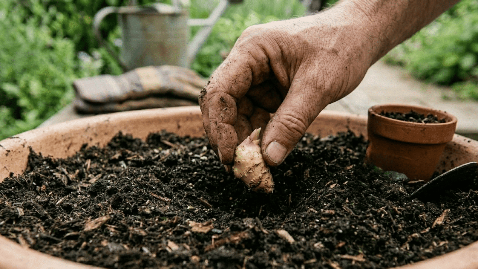 gardener placing a small ginger rhizome into soil in a terracotta pot, demonstrating planting technique with labeled marker nearby.