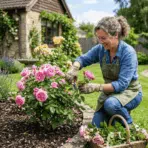 gardener pruning blooming rose bush in backyard garden with shears, neatly shaped plants, fresh cut stems, and green lawn setting