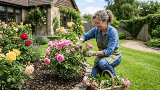 gardener pruning blooming rose bush in backyard garden with shears, neatly shaped plants, fresh cut stems, and green lawn setting