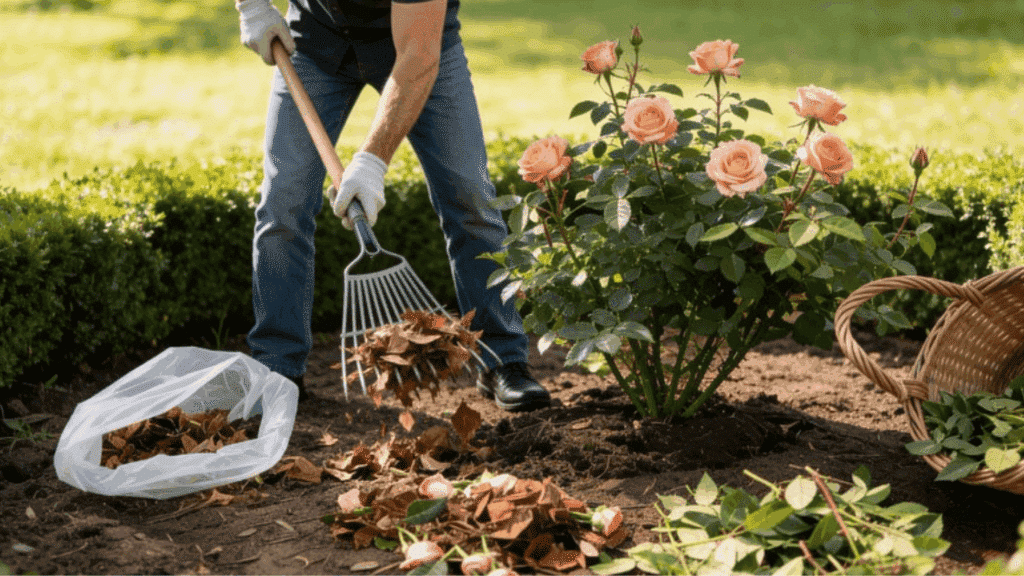 gardener raking and collecting rose clippings, separating debris into a waste bag and compost pile around a freshly pruned bush
