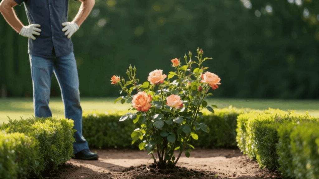 gardener standing behind a neatly pruned rose bush shaped with open, evenly spaced canes, showing a clean, well-maintained structure in a sunny garden
