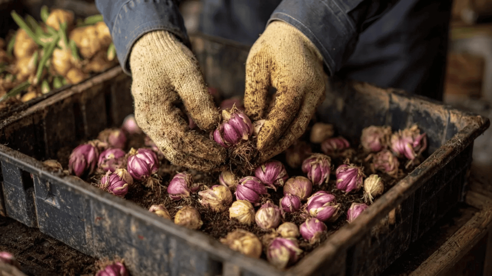 gardener wearing gloves sorting and preparing tulip bulbs in a tray, carefully handling them for planting or storage after blooming