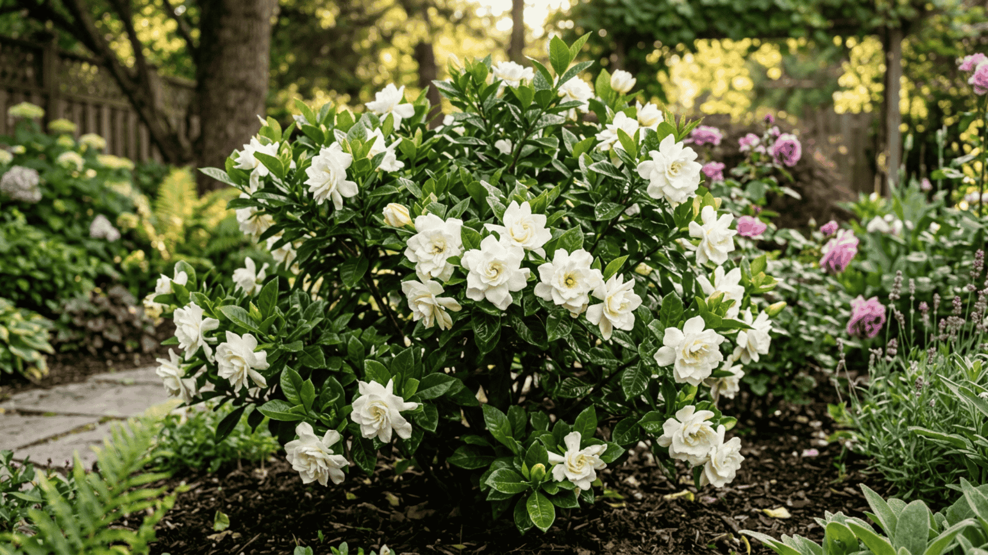 gardenia shrub with creamy white flowers surrounded by glossy dark green leaves photographed in a warm natural garden setting