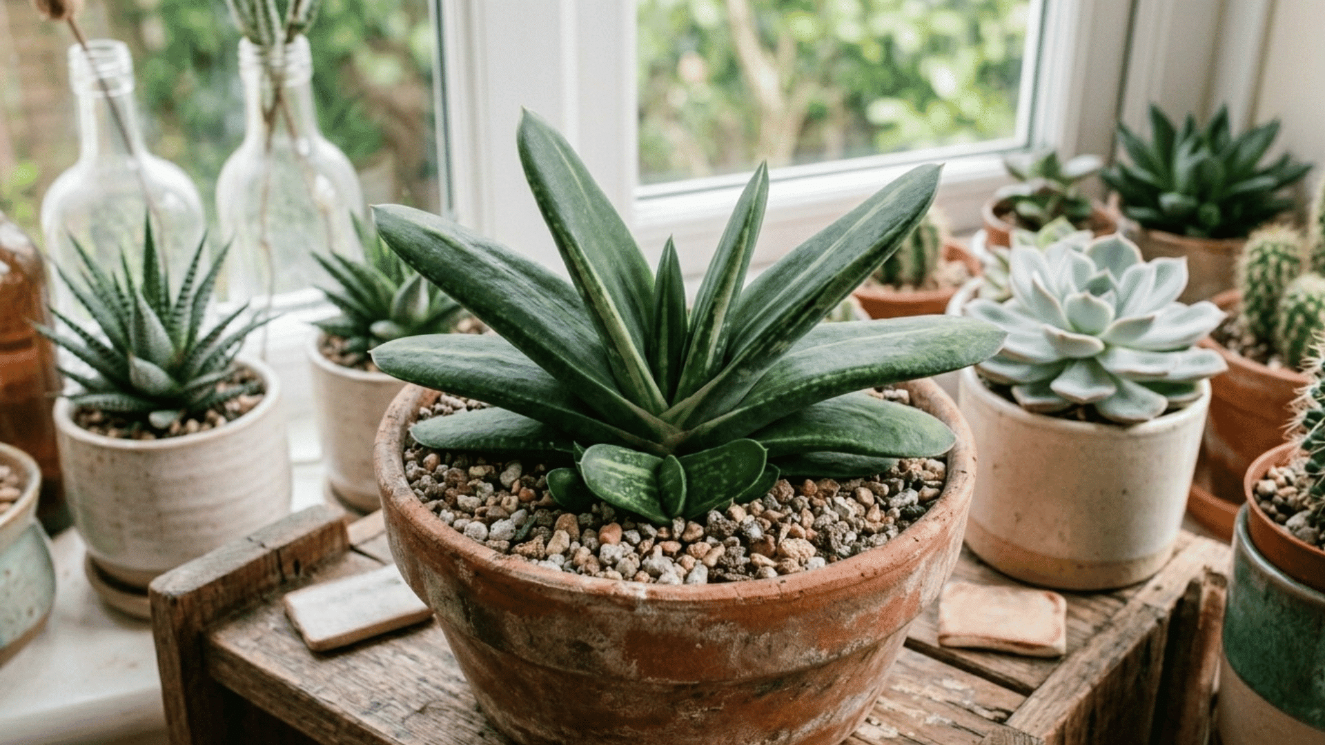 gasteria succulent with thick spotted leaves in a clay pot near a bright window.
