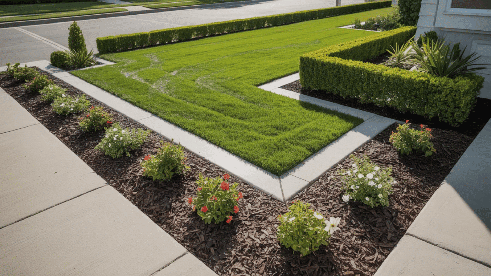 geometric lawn design with sharp edges bordered by low hedges and flower beds along a clean concrete pathway