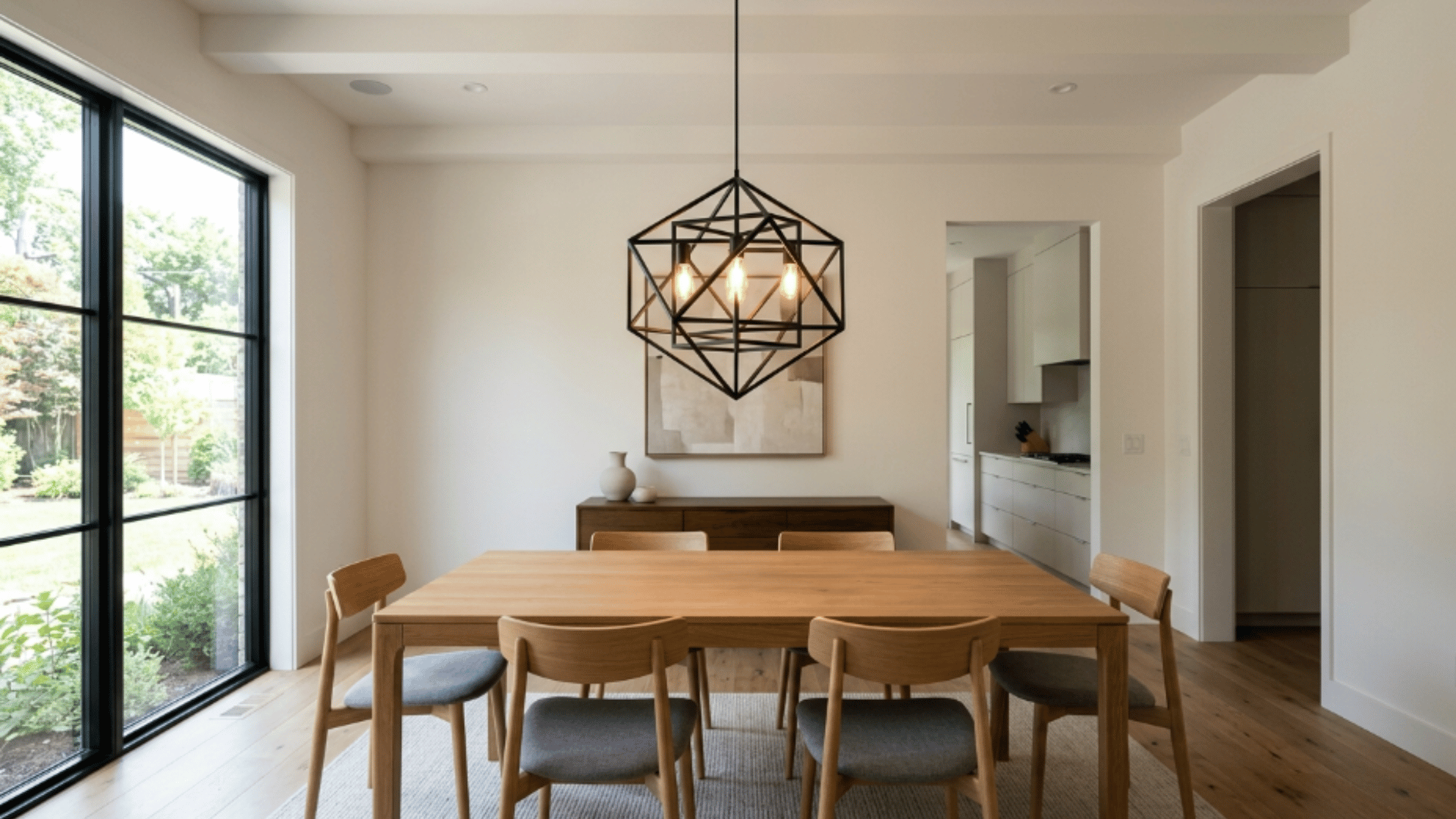 geometric metal pendant light above dining table with clean lines and open structure