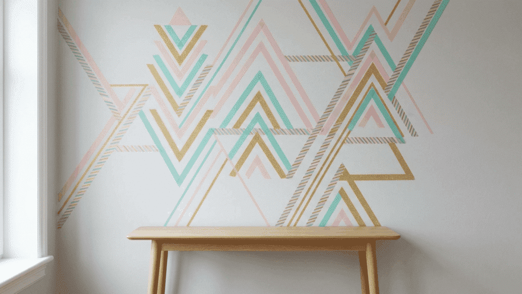 geometric wall design made using colorful washi tape in pastel shades.