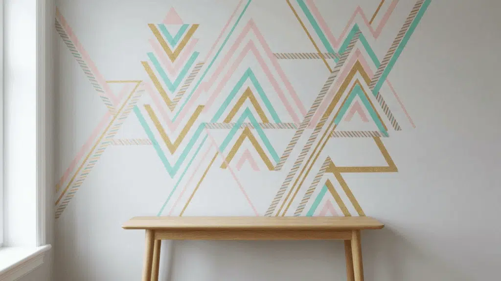 geometric wall design made using colorful washi tape in pastel shades.