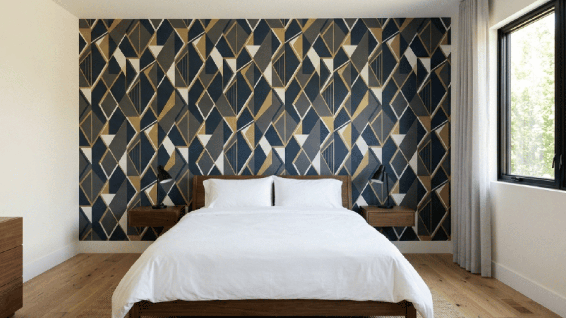 geometric wallpaper with bold lines adding a clean and modern touch to the bedroom space (1)
