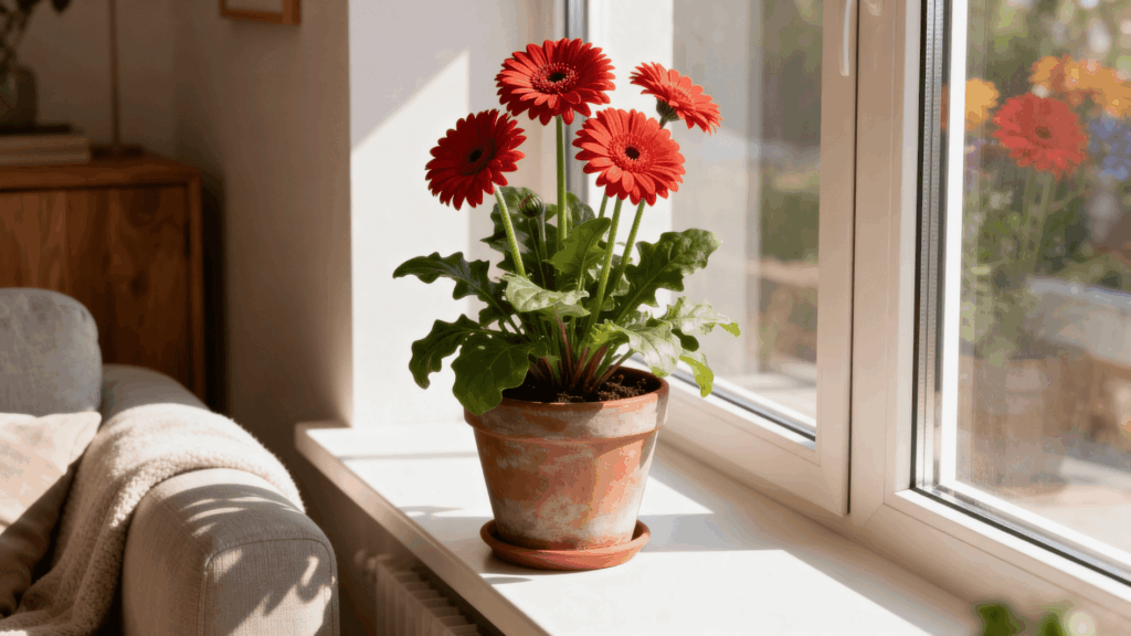 gerbera daisy plant on sunny windowsill in cozy living room with bright red flowers and natural light indoors