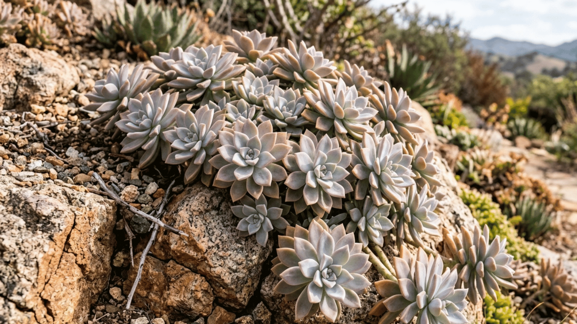 ghost plant succulent with pale rosette leaves growing on rocky ground outdoors.
