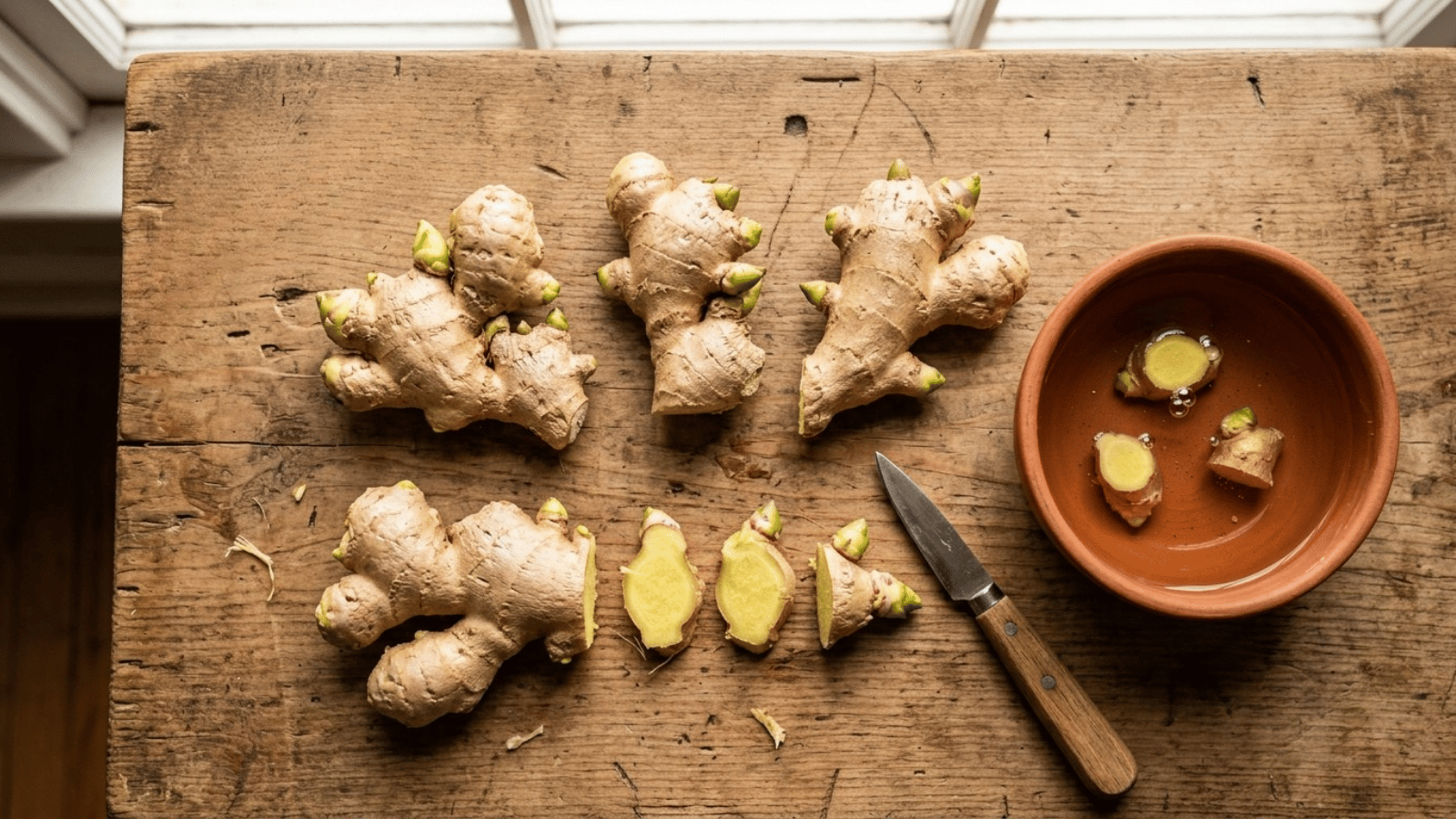 ginger rhizomes prepared for planting on a wooden surface, showing cut sections, sprouts, and a bowl of water with a knife nearby