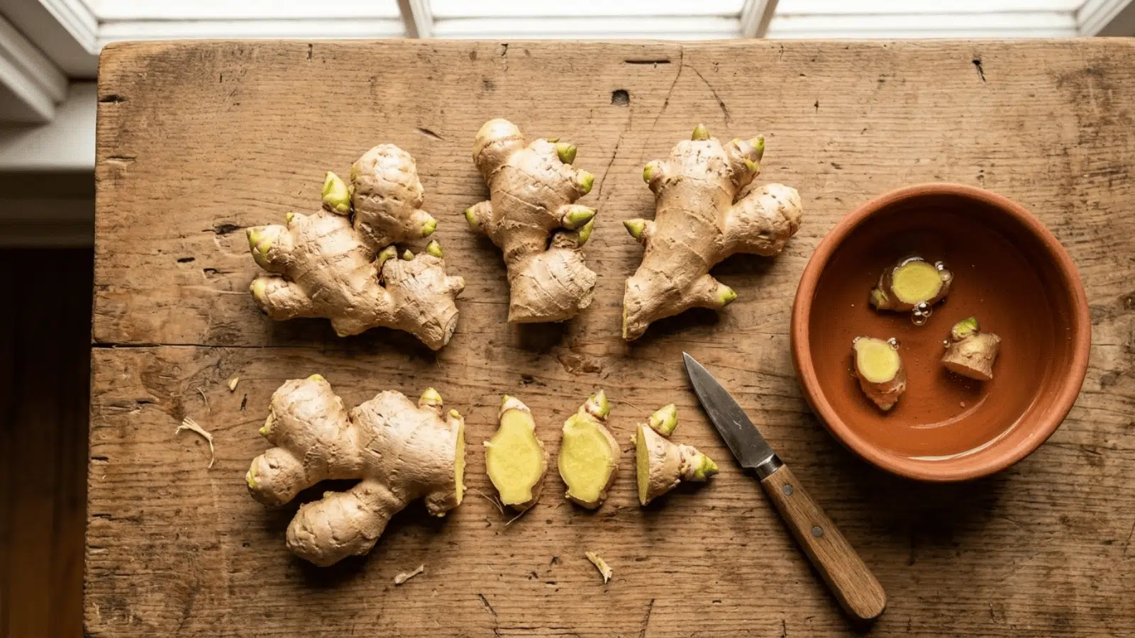 ginger rhizomes prepared for planting on a wooden surface, showing cut sections, sprouts, and a bowl of water with a knife nearby