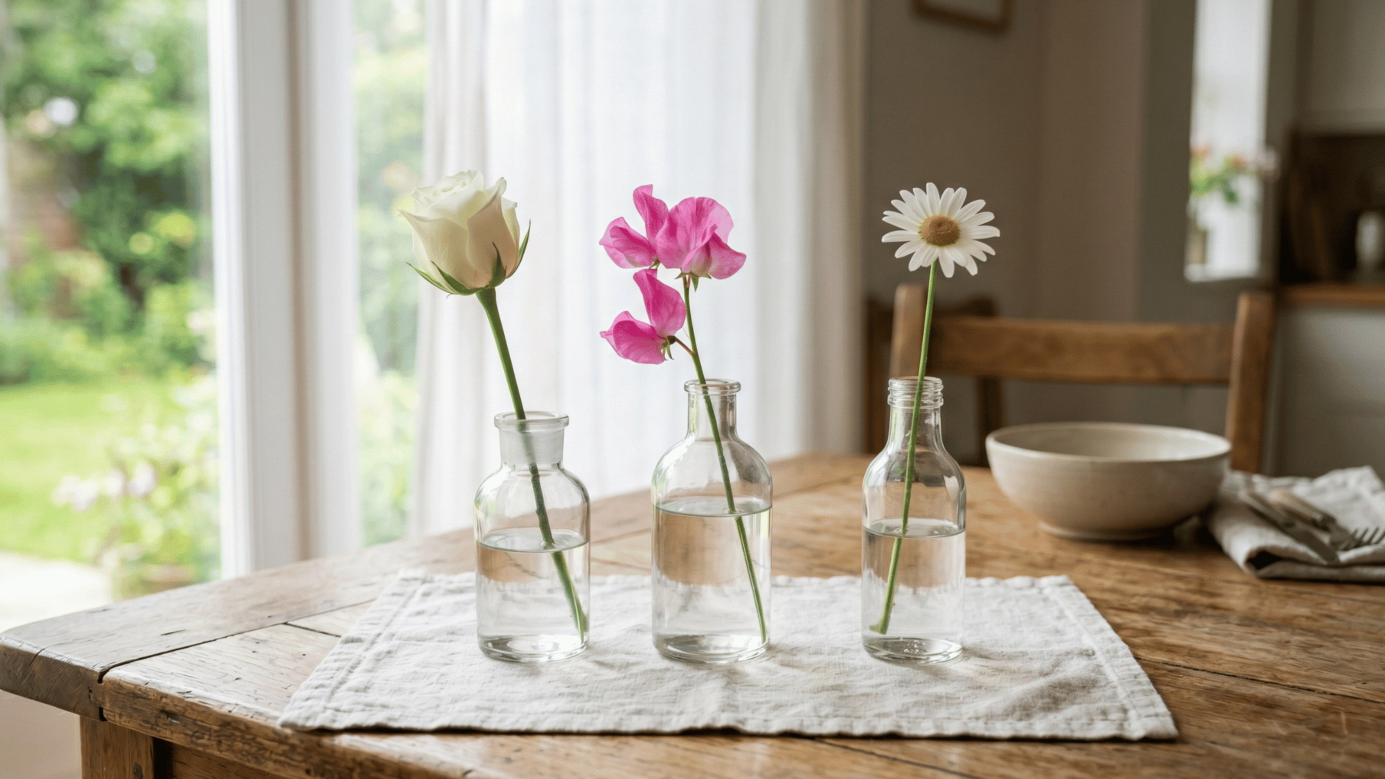glass bottles with single stems styled as a simple dining table centerpiece