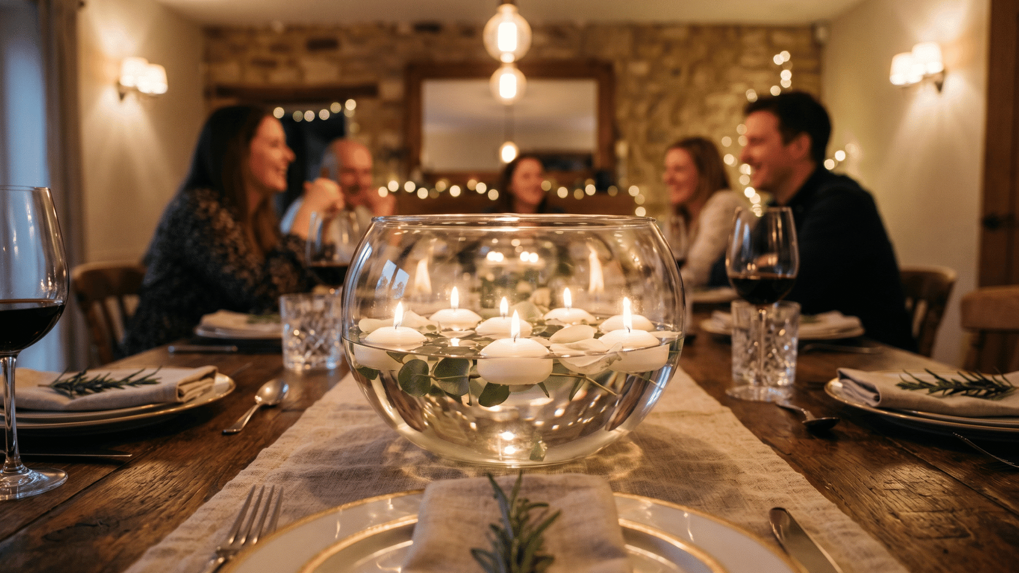 glass bowl with water and floating candles on dining table, soft ambient lighting