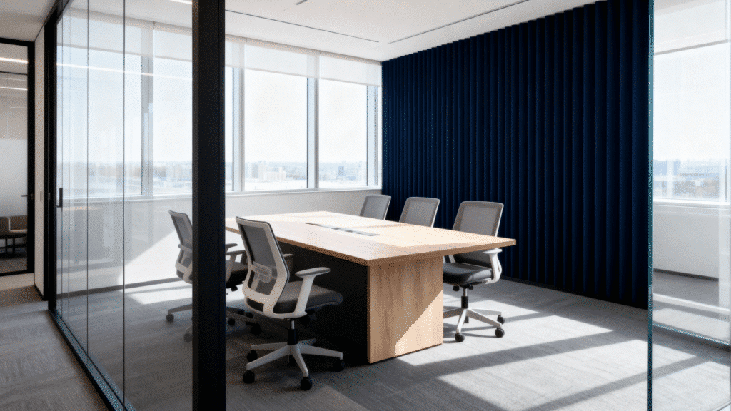 glass enclosed meeting room with table and chairs in sleek modern office interior