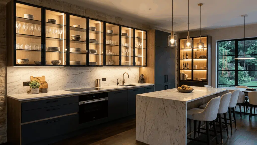 glass front modular kitchen cabinets displaying dishware and making the kitchen feel open and airy