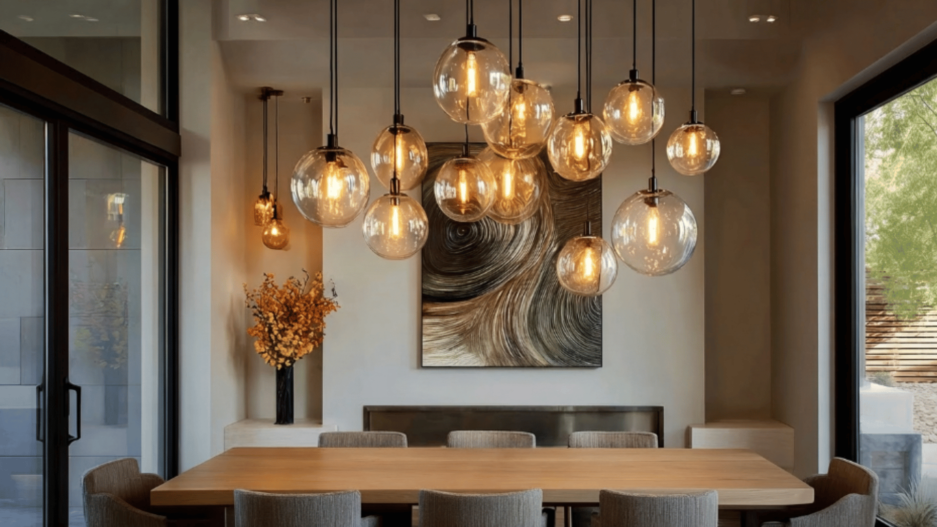 glass globe pendant lights hanging at varied heights above dining table with soft glow (2)