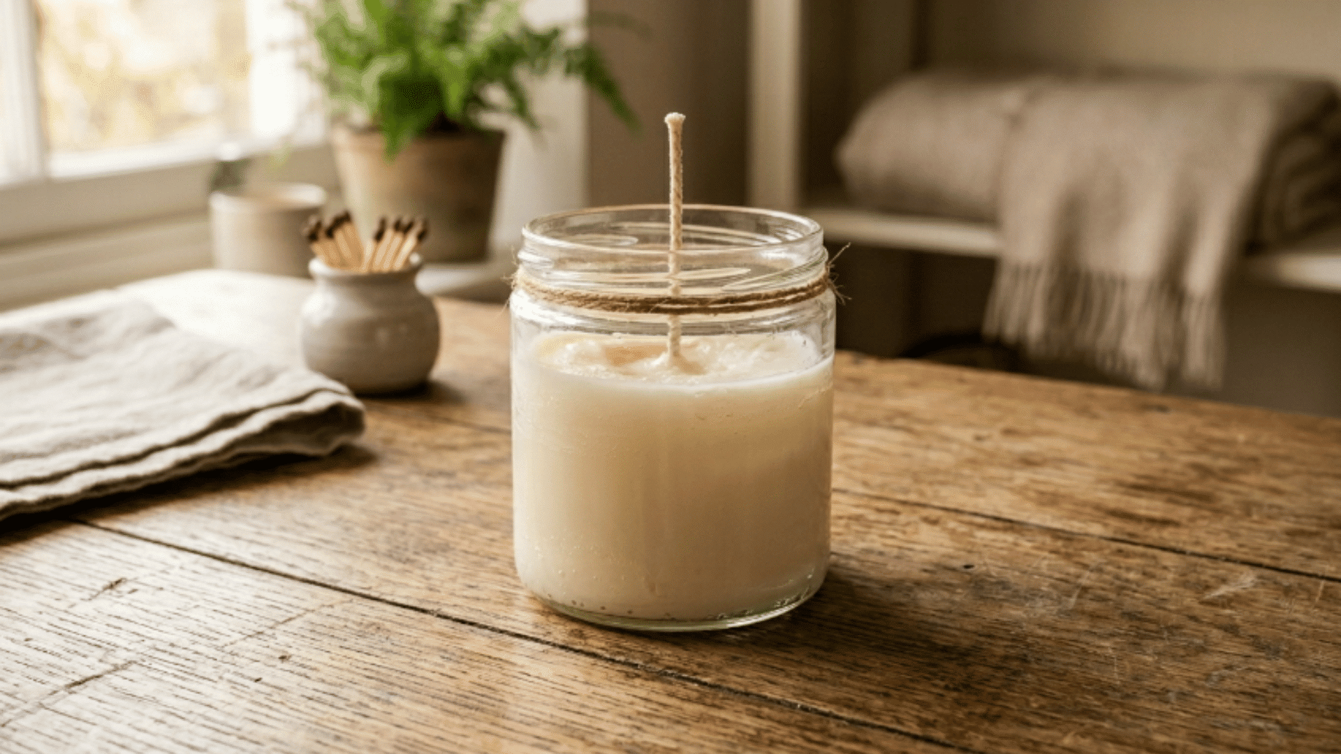 glass jar candle with smooth wax and centered wick placed on table with warm light and clean setup