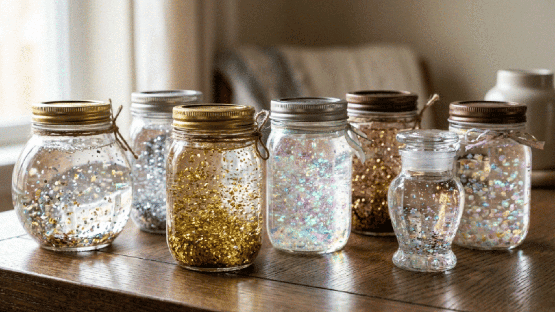 glass jars filled with glitter liquid reflecting light placed on surface with soft glow and clean background
