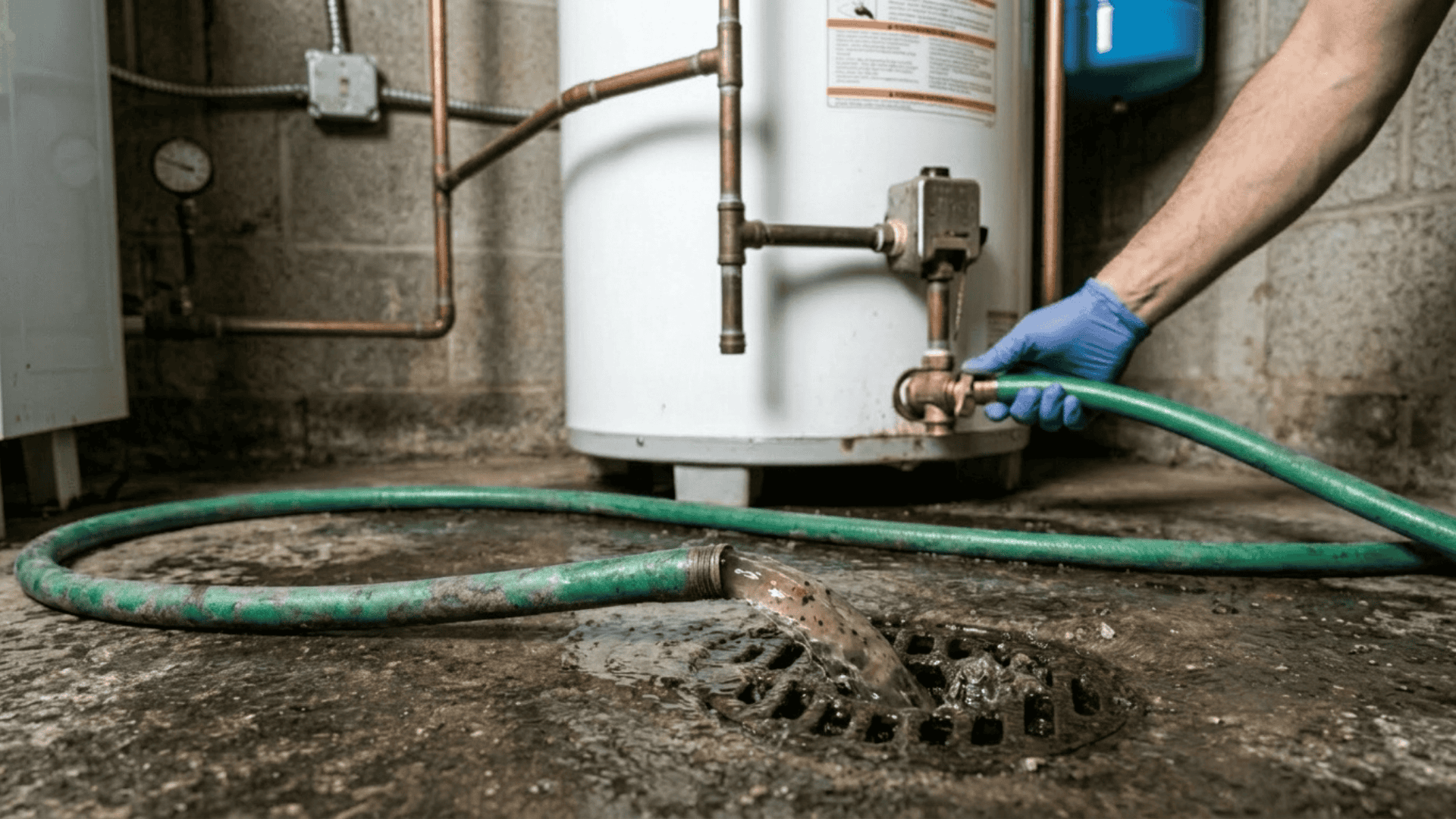 gloved hand connecting a hose to a water heater drain valve with murky sediment-filled water actively flowing out into a floor drain