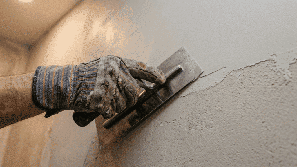 gloved hands applying a thin second coat of plaster over a firmed first coat on an indoor wall using a trowel