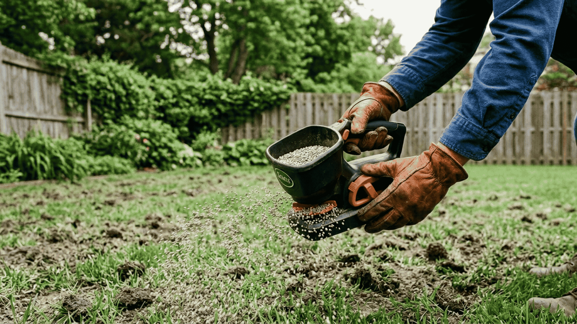 gloved hands applying fertilizer over slightly uneven seeded lawn with visible soil patches in a backyard setting