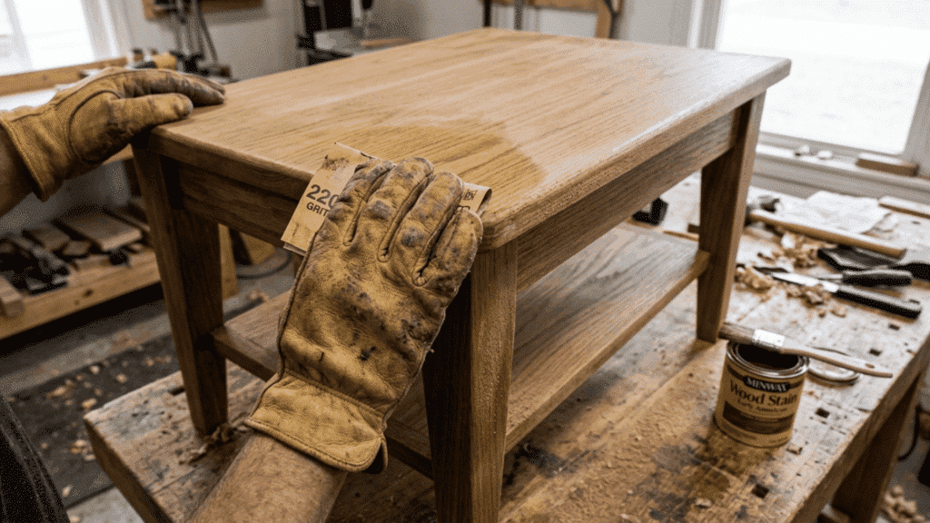 gloved hands applying wood stain to a sanded table surface with a cloth and 220 grit sandpaper placed nearby on the workbench