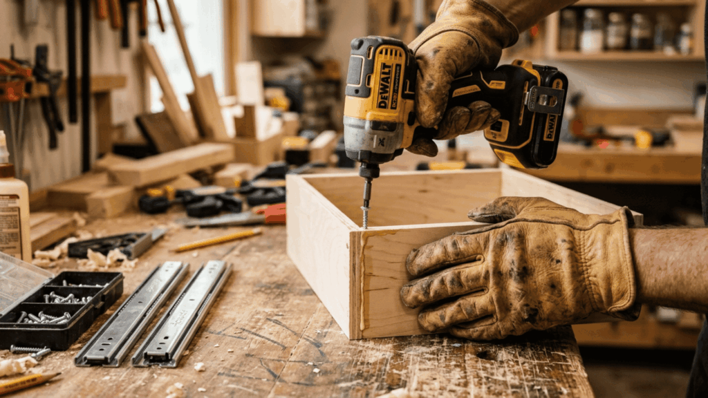 gloved hands assembling a wooden drawer box with screws and wood glue on a workbench with metal drawer slides placed nearby ready to install