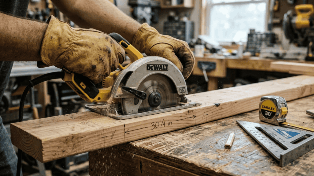 gloved hands cutting a marked wooden board with a circular saw on a workbench with measuring tape and speed square placed nearby