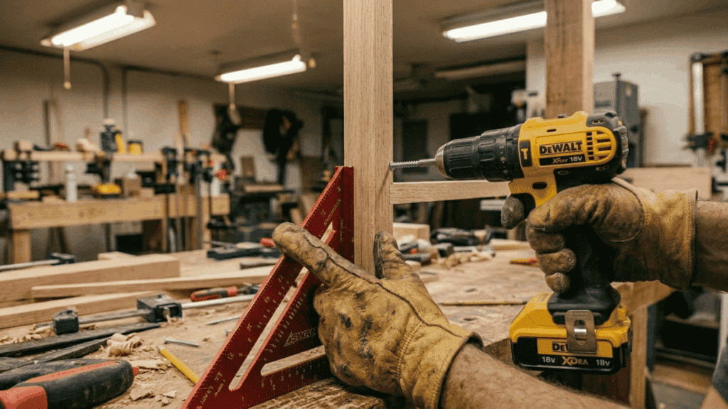 gloved hands drilling a screw into an apron and leg joint with wood glue applied and a speed square confirming the corner alignment