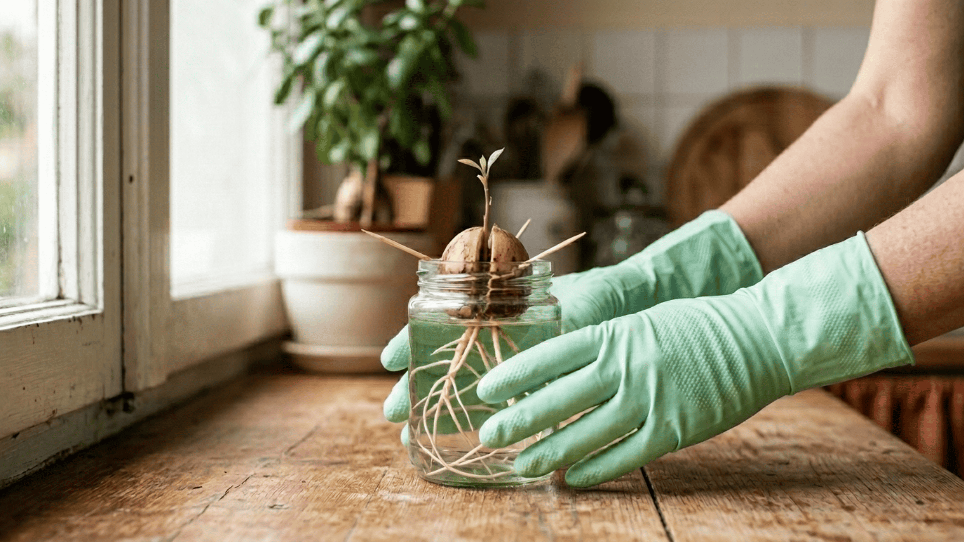 gloved hands holding a glass jar with an avocado seed showing white roots and a small sprout growing upward