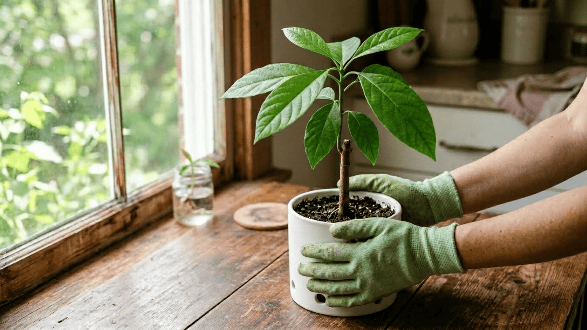 gloved hands holding a white pot with a healthy avocado plant showing large green leaves near a sunny window