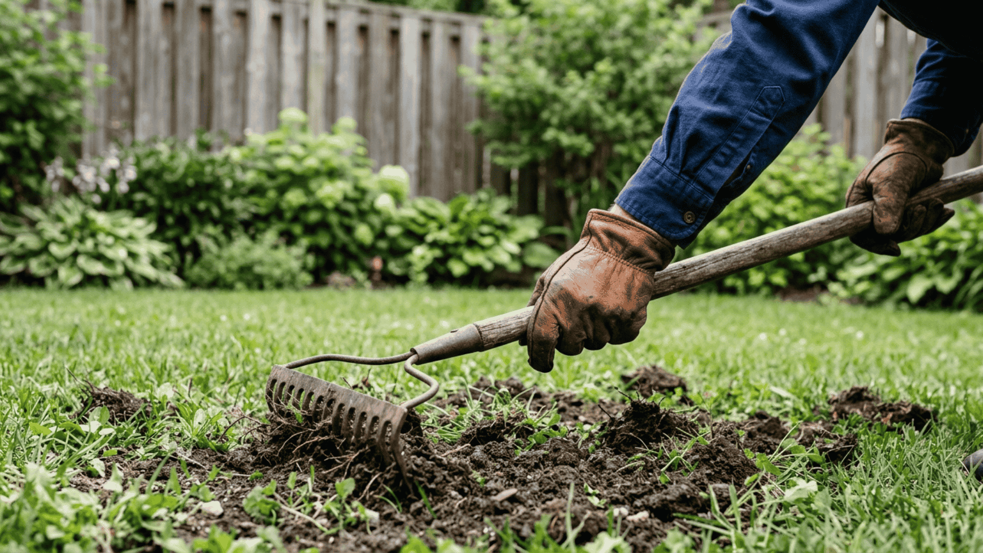 gloved hands loosening lawn soil with a rake to improve seed contact in a backyard with natural lighting and fence
