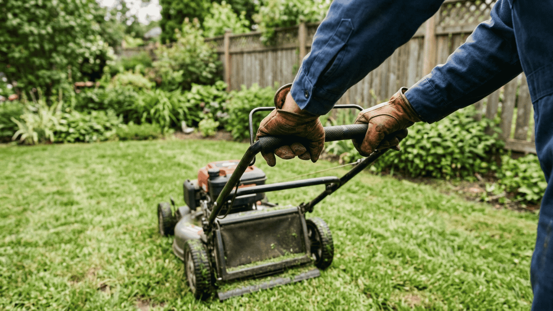 gloved hands mowing grass low and raking debris to clear lawn surface before reseeding in a natural backyard setting