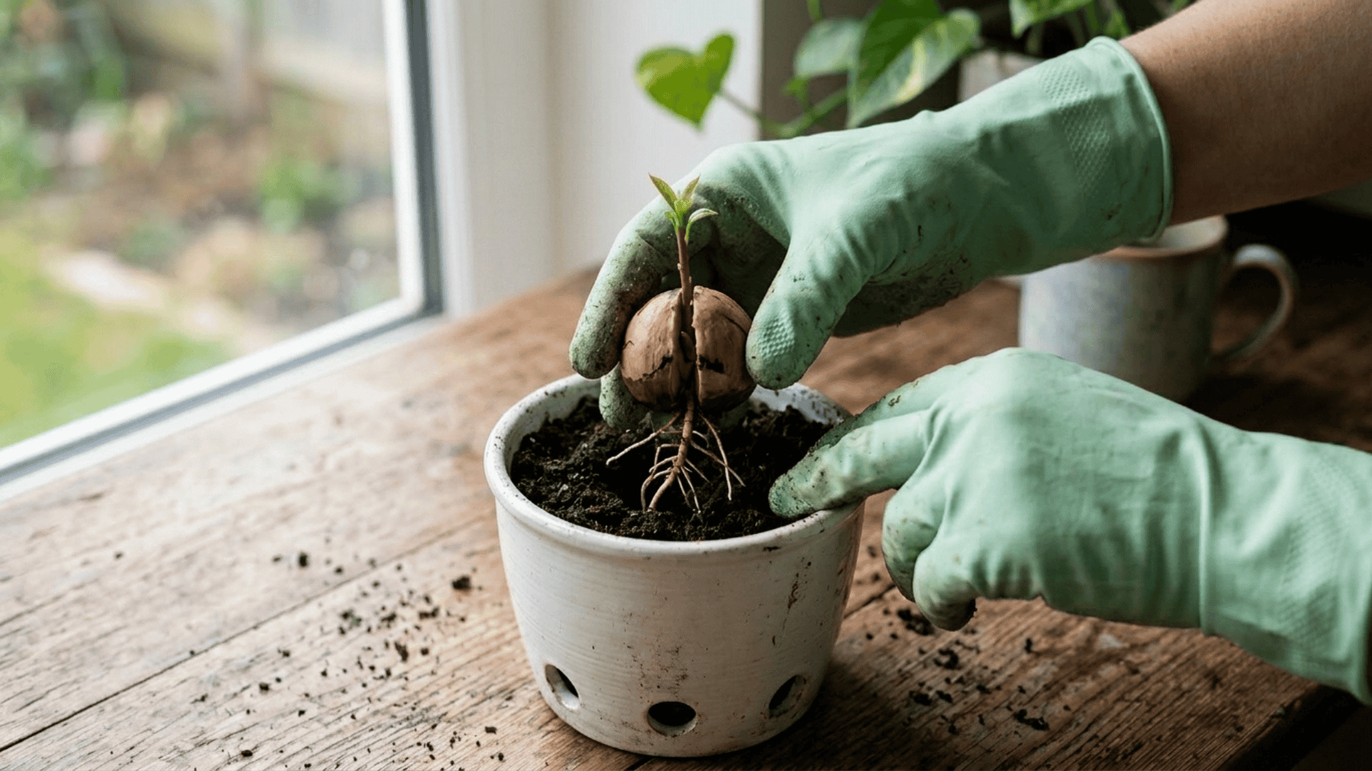 gloved hands placing a sprouted avocado seed with visible roots into a white pot filled with dark potting soil