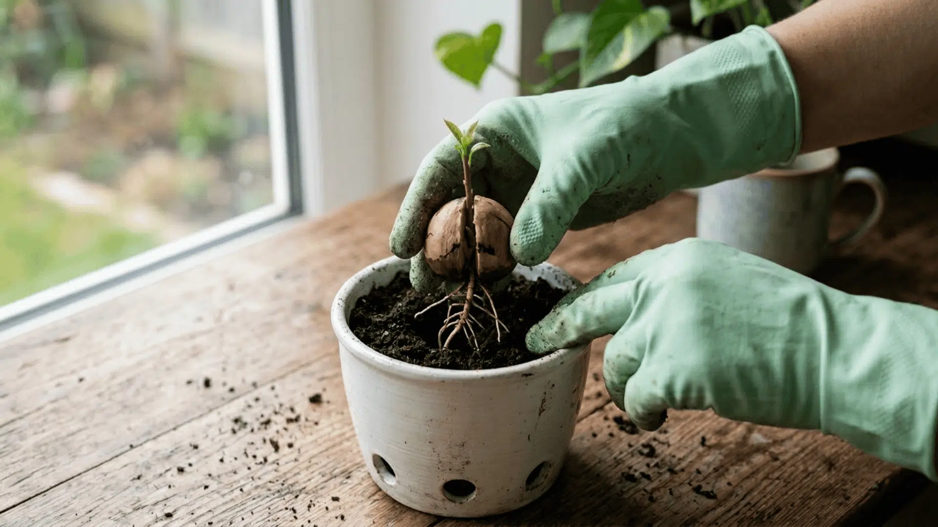 gloved hands placing a sprouted avocado seed with visible roots into a white pot filled with dark potting soil