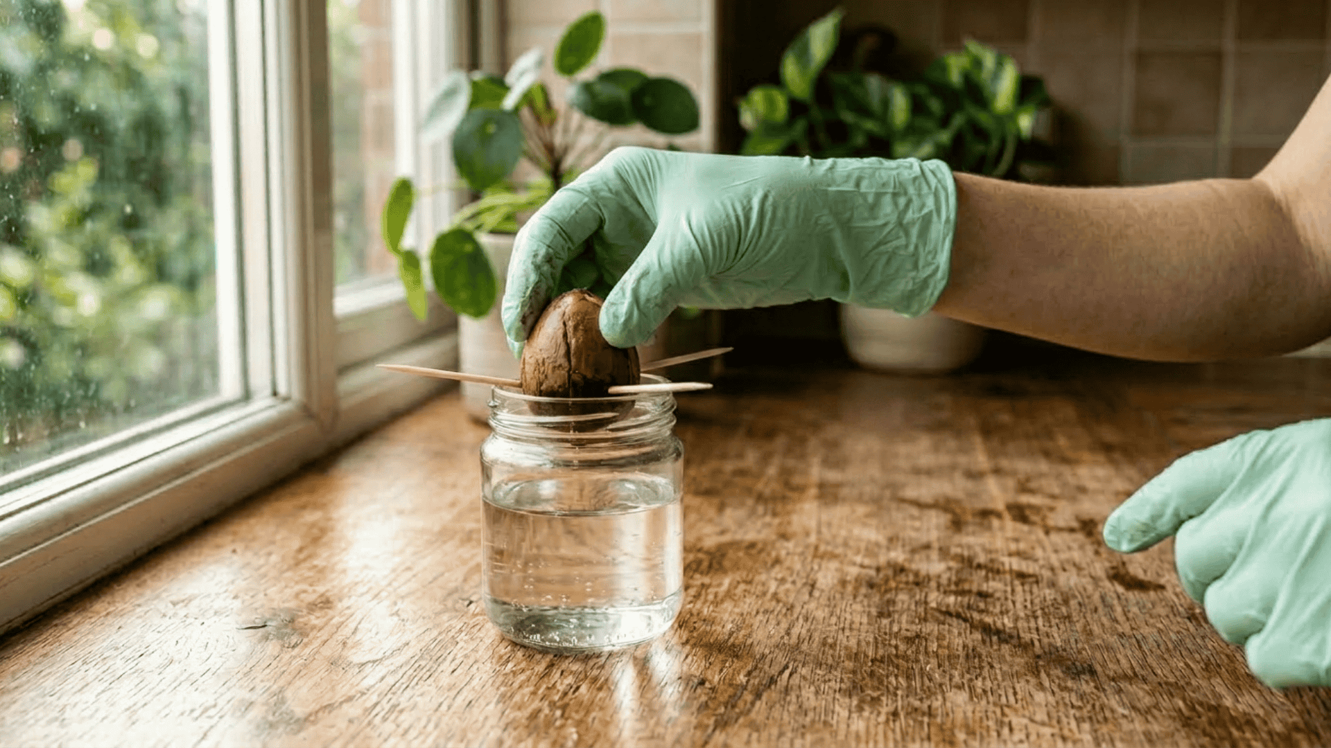 gloved hands placing an avocado seed with toothpicks into a clear glass jar filled with water on a wooden surface